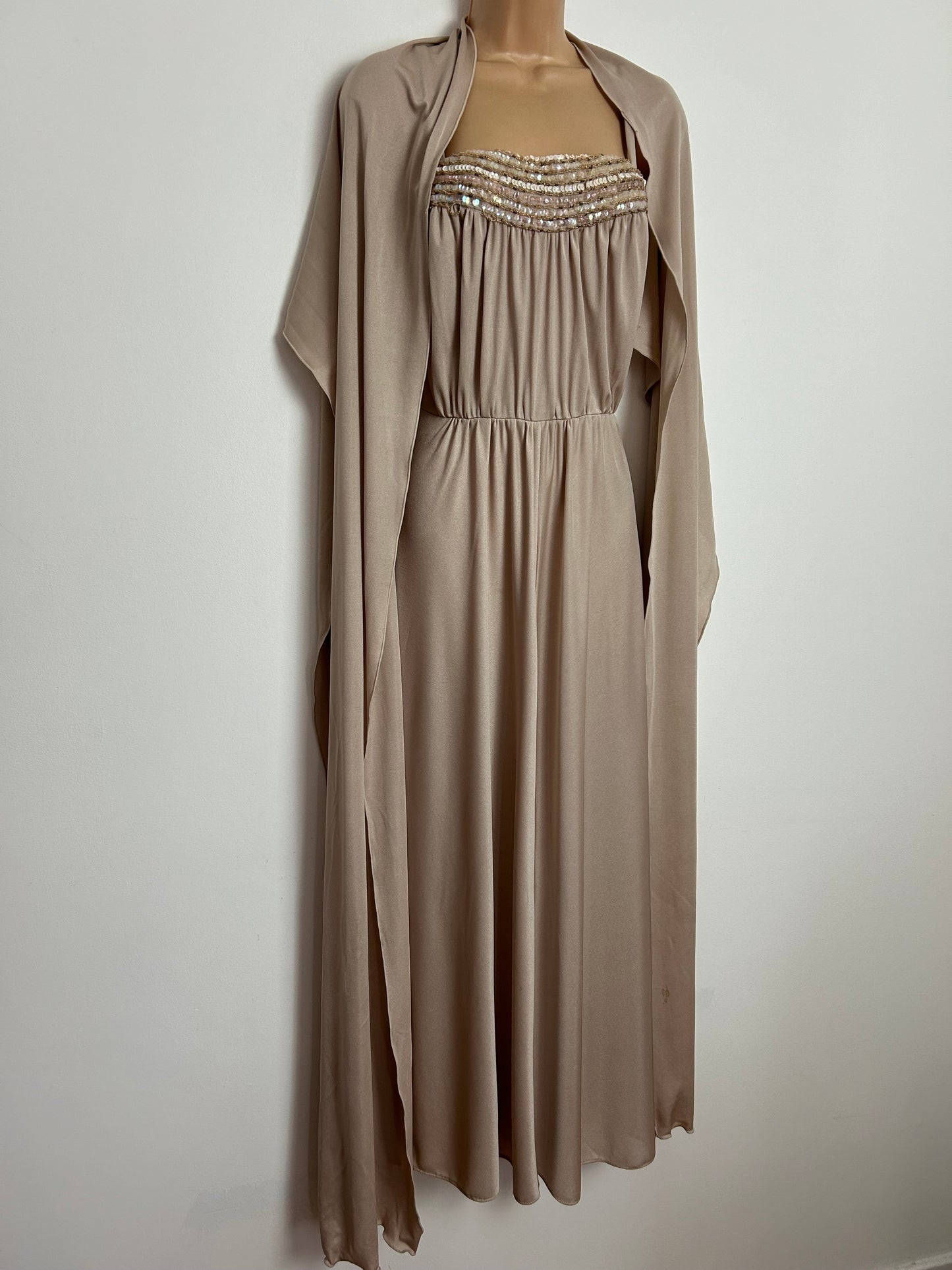 Vintage 1970s CARNEGIE OF LONDON UK Size 8 Nude Beige Sequin & Bead Detail Occasion Maxi Dress With Shawl