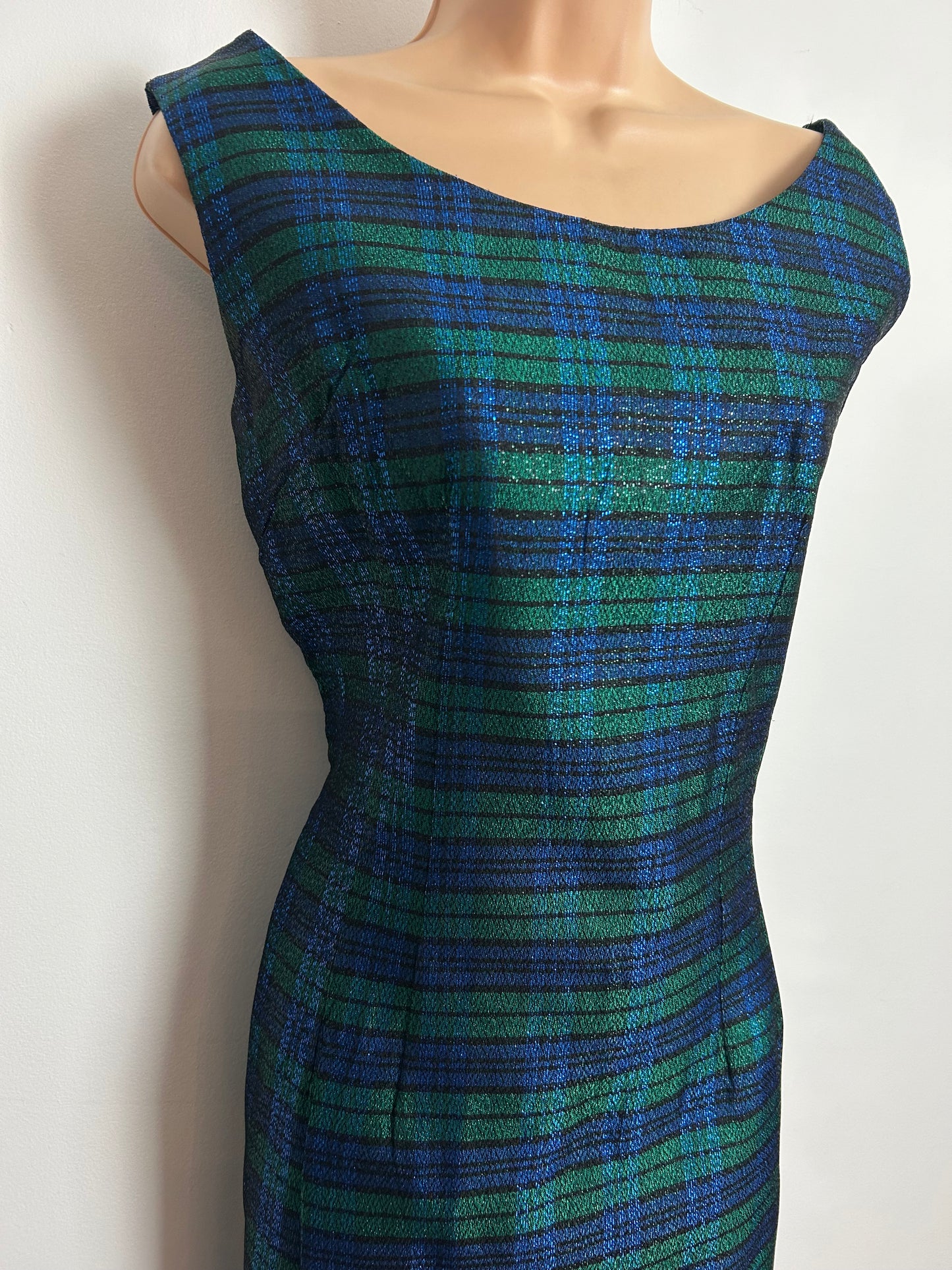 Vintage 1960s Size 12 Blue & Green Lurex Tartan Check Sleeveless Wiggle Party Dress