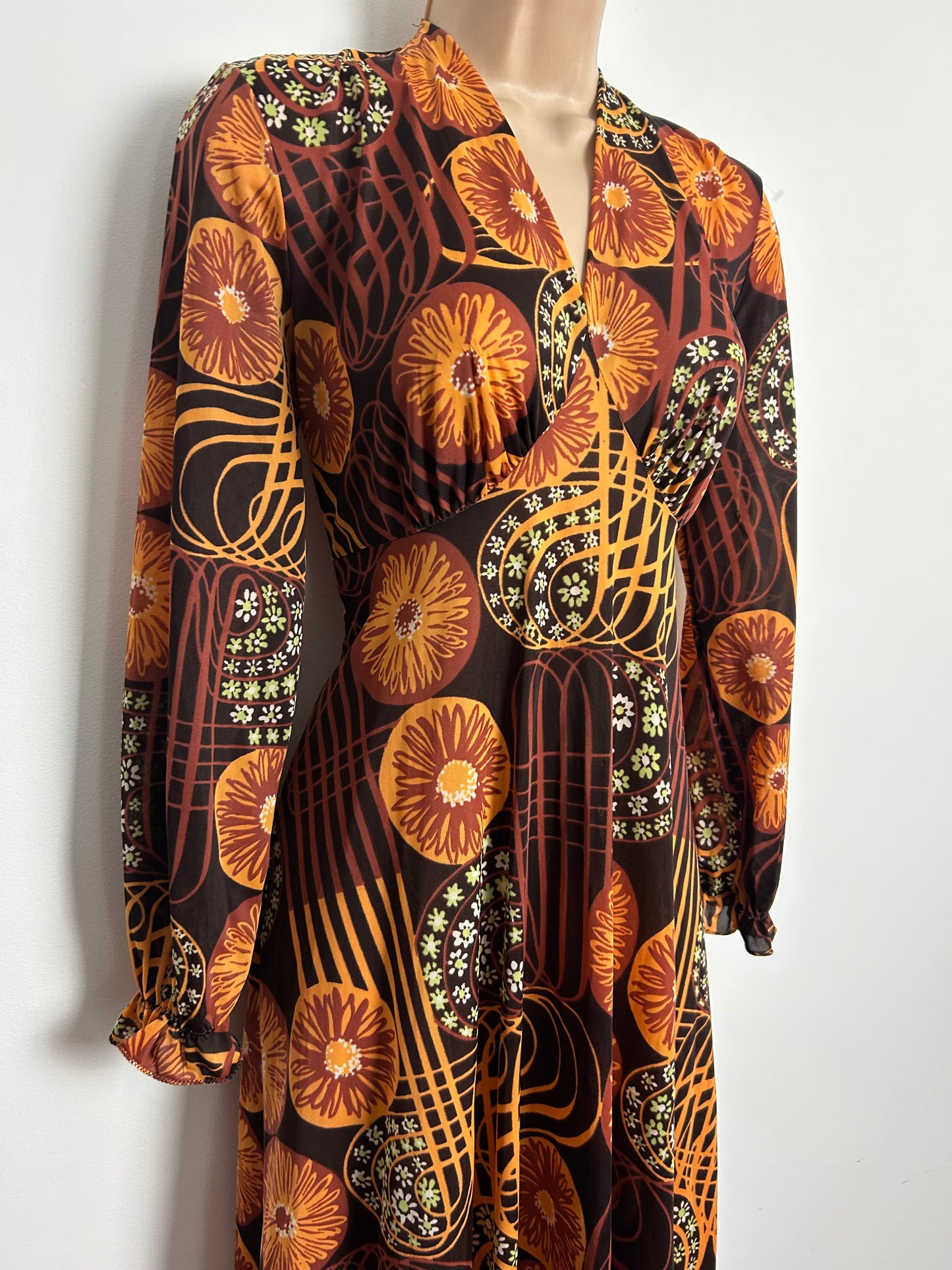 Vintage 1970s Size 8 Brown Tones "Spirograph" Abstract Print Long Sleeve Empire Line Maxi Dress