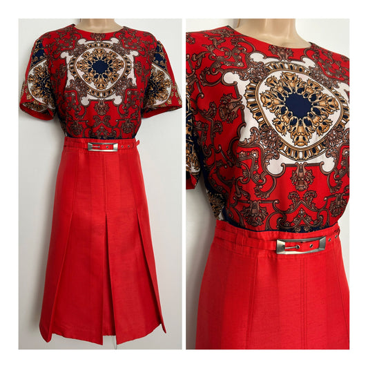 Vintage 1960s Size 14 Red Blue & Brown Scarf Print Short Sleeve Belted Silk Mix Belted Pleated Mod Dress