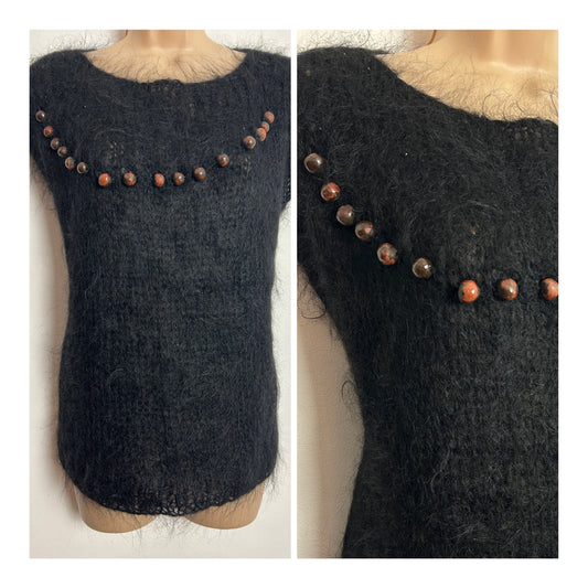 Vintage 1980s Up To Size 16 Black Mohair Jumper With Wooden Bead Detailing