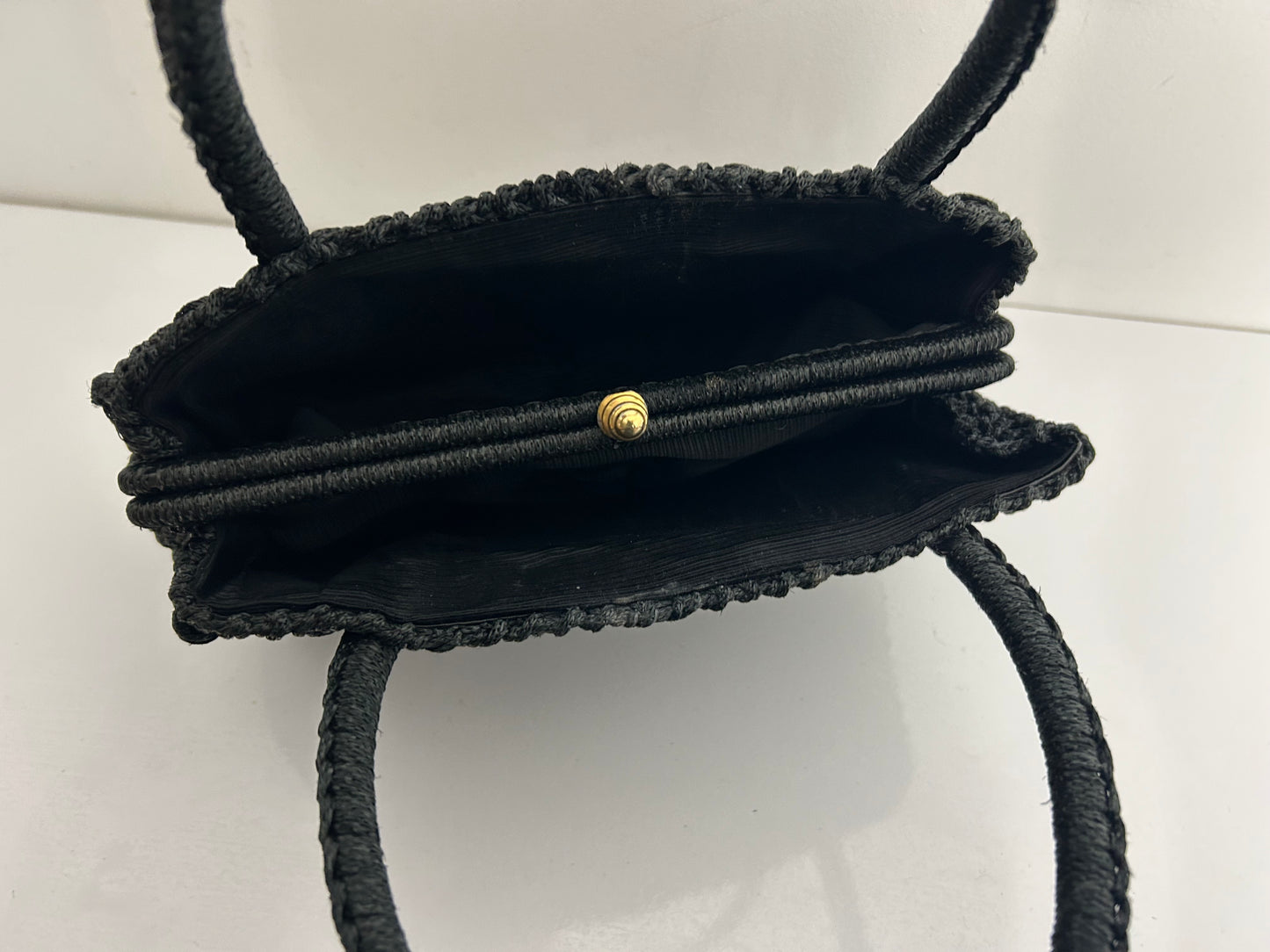 Vintage 1960s Gorgeous Black Crochet Woven Style Top Handle Kelly Style Handbag