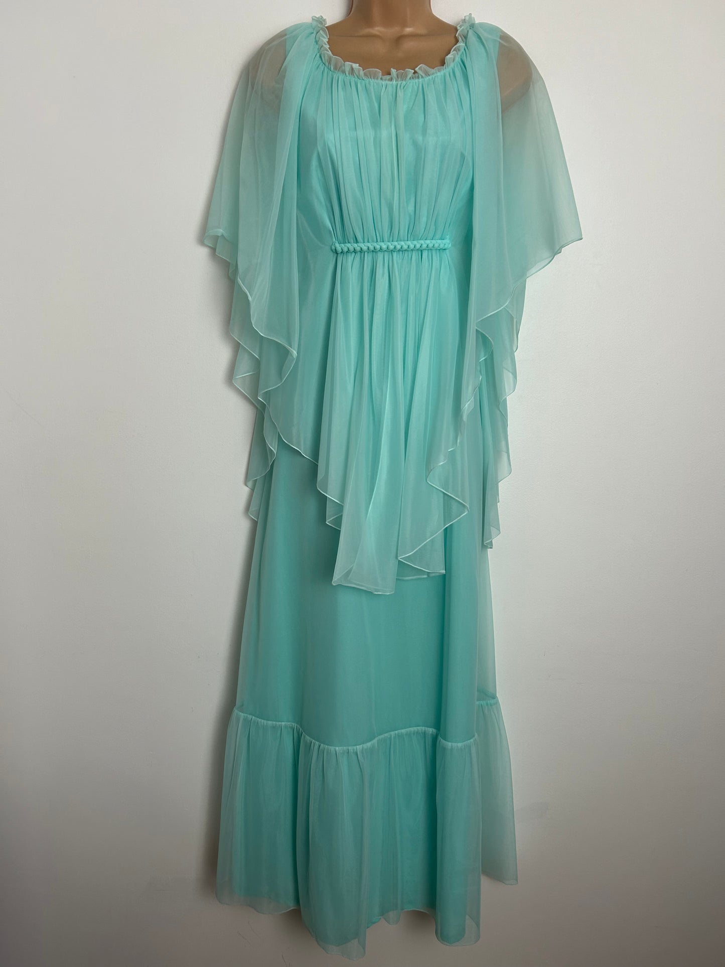 Vintage 1970s UK Size 8 Pale Icy Mint Green Nylon Cape Sleeve Plaited Boho Occasion Maxi Dress