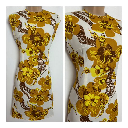 Vintage 1970s Size 10-12 White Tan Brown & Yellow Floral Print Sleeveless Mod Shift Dress