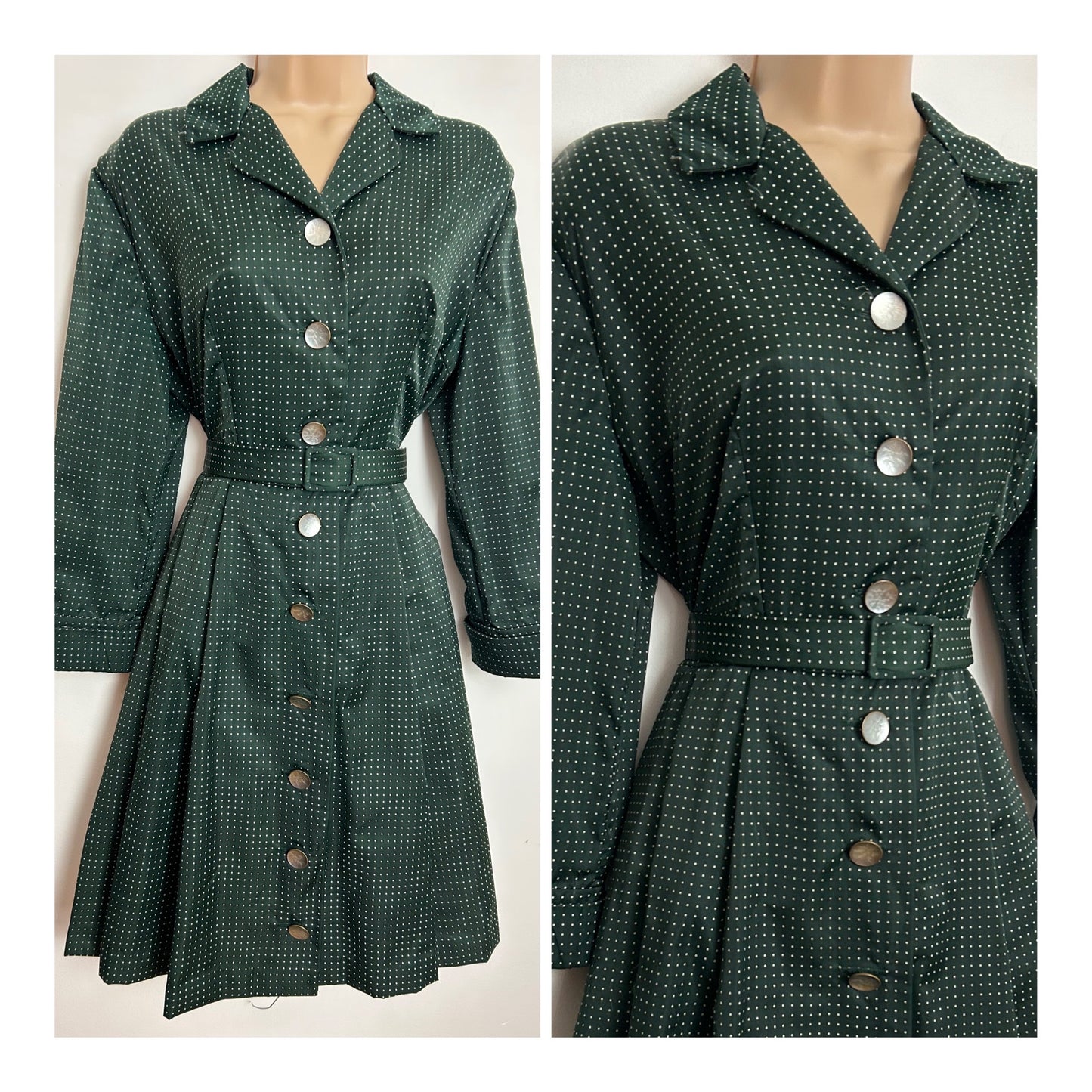 Vintage Late 1950s UK Size 14 Dark Green Polka Dot Pleated Belted Pleated Day Dress