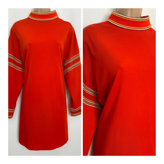 Vintage 1960s BUTTE KNIT Size 12 Orange White Black & Yellow Stripe Contrast Funnel Neck Long Sleeve Mod Dress