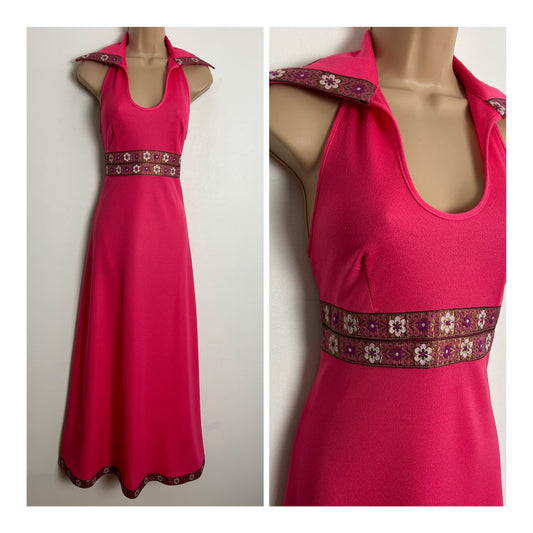 Vintage 1970s ST MICHAEL UK Size 8 Pink Dagger Collar Floral Braid Trim Crimplene Halterneck Maxi Dress