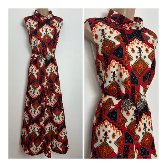 Vintage 1970s PHILIP KUNICK Size 14 Gorgeous Red White Orange & Black Abstract Geo Print Sleeveless Belted Occasion Maxi Dress