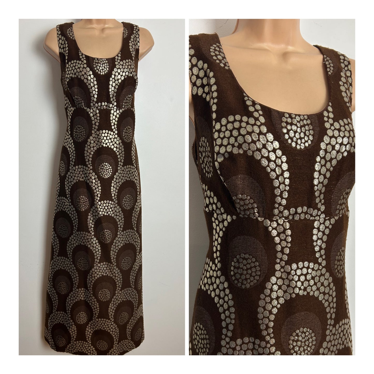 Vintage 1970s KLEEMIER HOFF Size 10 Brown & Gold Spot Print Sleeveless Evening Maxi Dress