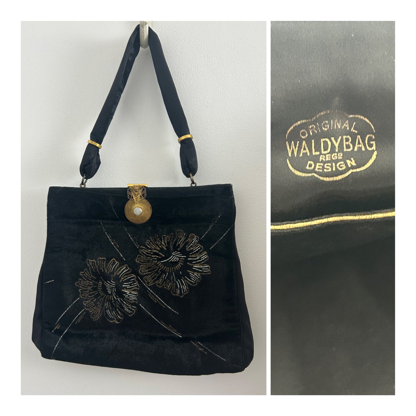 Vintage Early 1950s WALDYBAG Black Velvet Hand Painted Silver & Gold Floral Pattern Cocktail Handbag