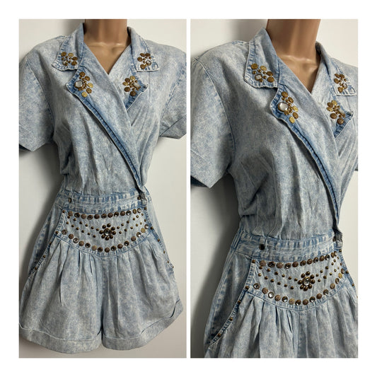 Vintage 1980s Size 6-8 Acid Wash Stud Embellished Short Sleeve Denim Playsuit Romper