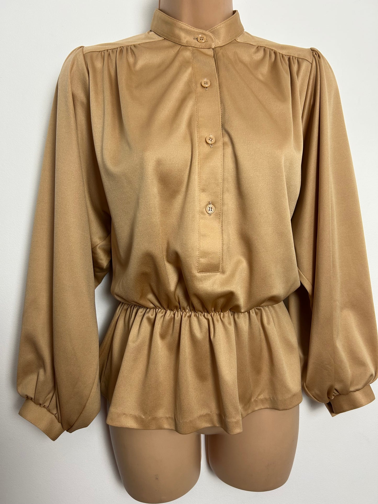 Vintage Early 1980s Size 12-14 Gold Long Sleeve Peplum Style Blouse