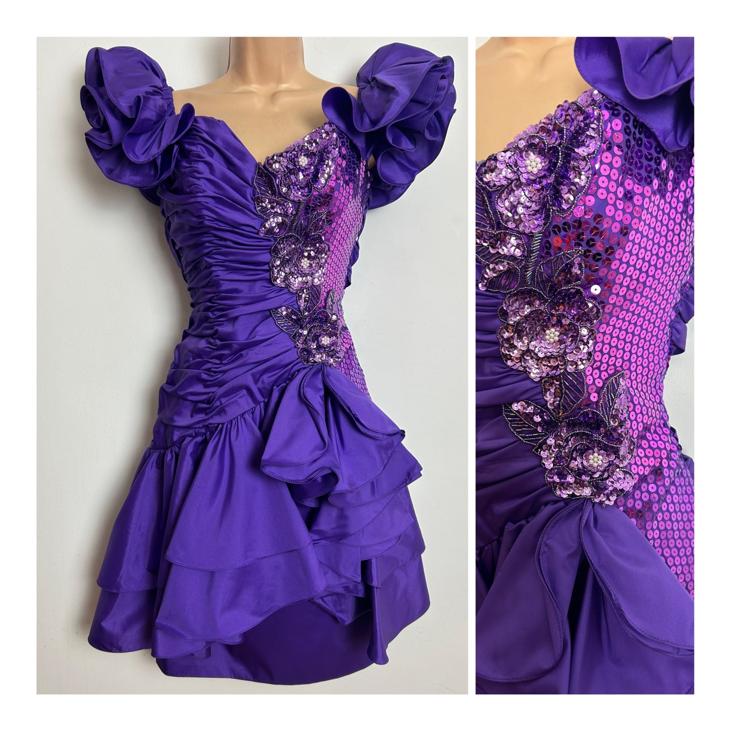 American Vintage 1980s Size 12 Purple Sequin Embellished Ruffle Sleeve Party Prom Dress