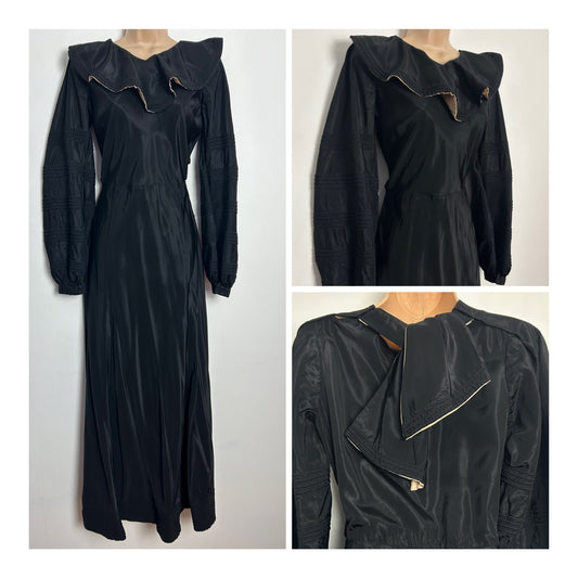 Vintage Collectable Antique 1930s Size 8 Homemade Black Satin Acetate Ruffle Collar Maxi Dress