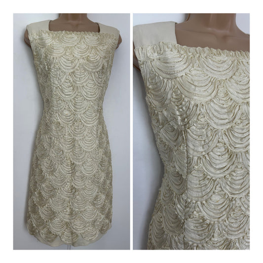Vintage 1960s DUCHESSE MODELLE Size 10 Cream Braid Embellished Rayon Occasion Shift Mod Dress