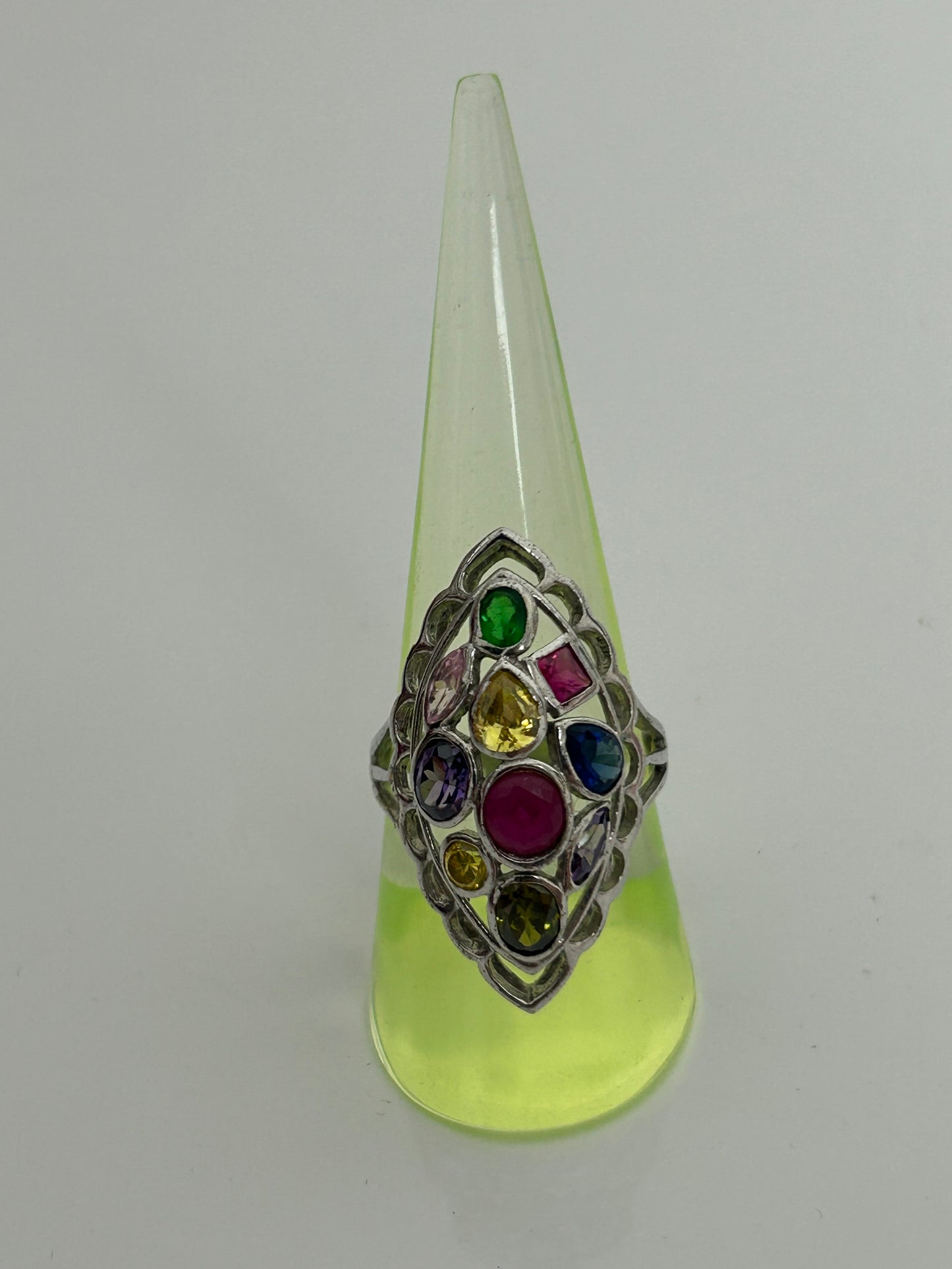 Vintage Beautiful Sterling Silver Multi Coloured Stone Set Cut Out Detail Ring Size O
