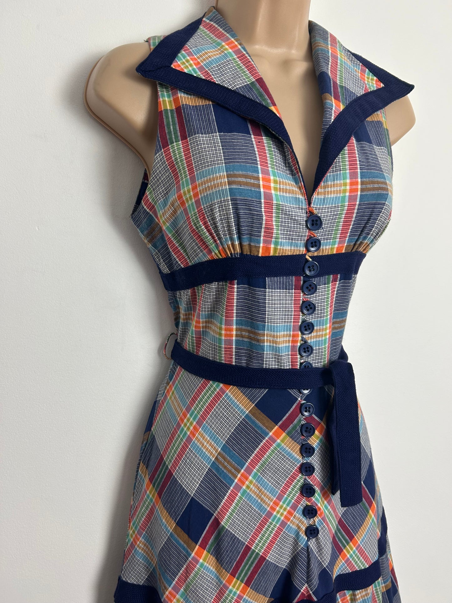Vintage 1970s BETTY BARCLAY Size 6 Blue Check Print Sleeveless Belted Cotton Maxi Dress