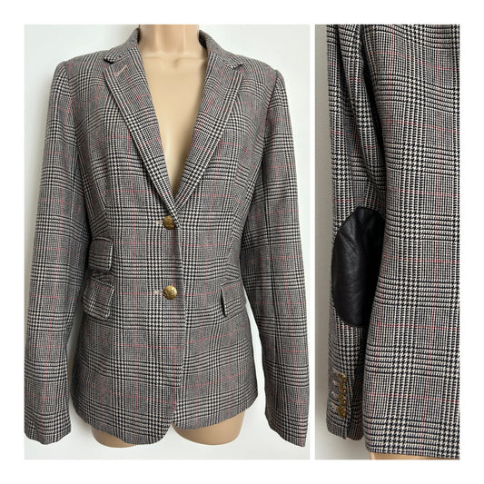 Modern J Crew Size 10 Houndstooth Check Wool Mix Blazer With Elbow Patches