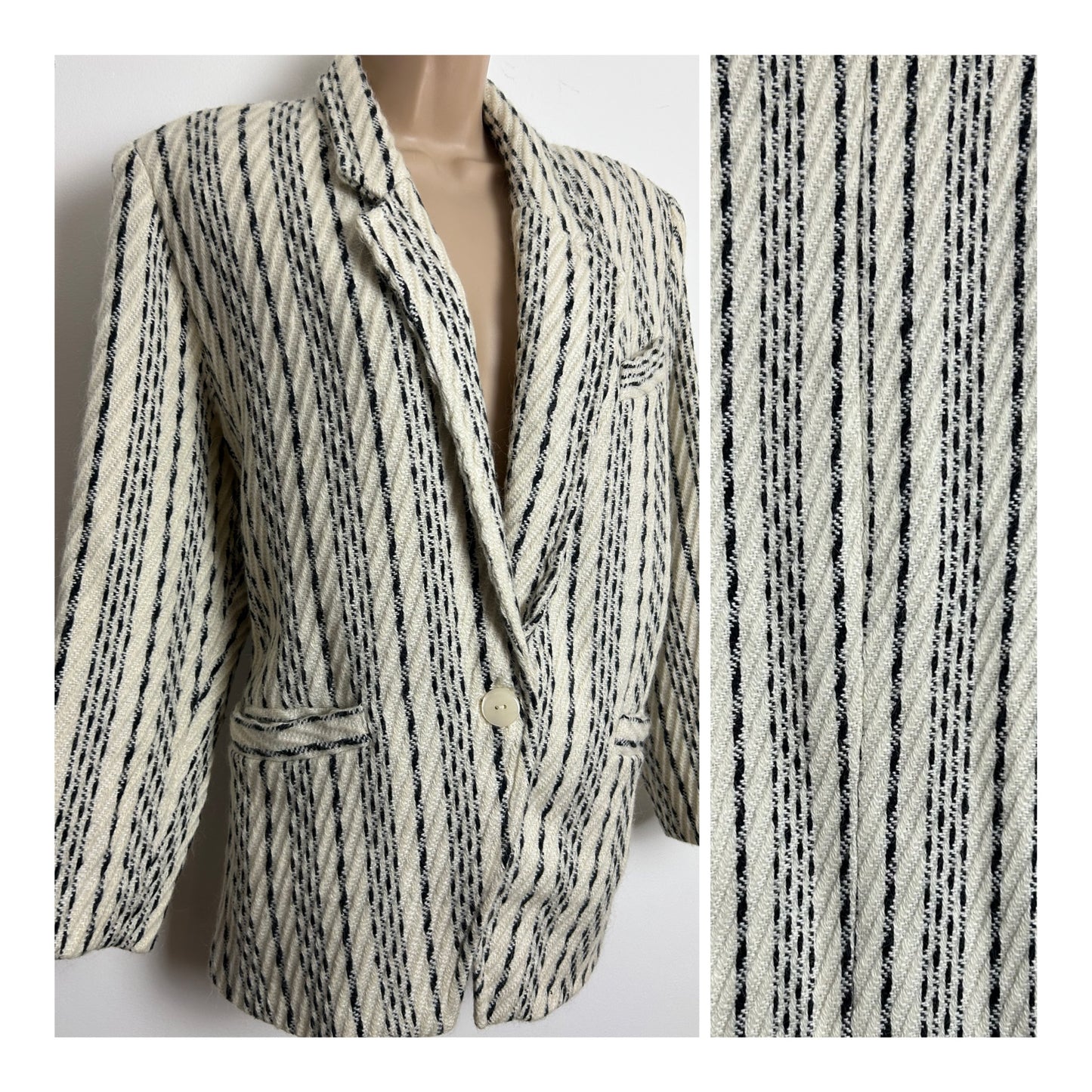 Vintage 1980s MIRAGE Size 16 Cream & Black Stripe Wool Mix Fully Lined Blazer/Jacket