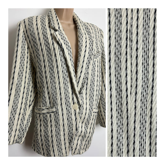 Vintage 1980s MIRAGE Size 16 Cream & Black Stripe Wool Mix Fully Lined Blazer/Jacket