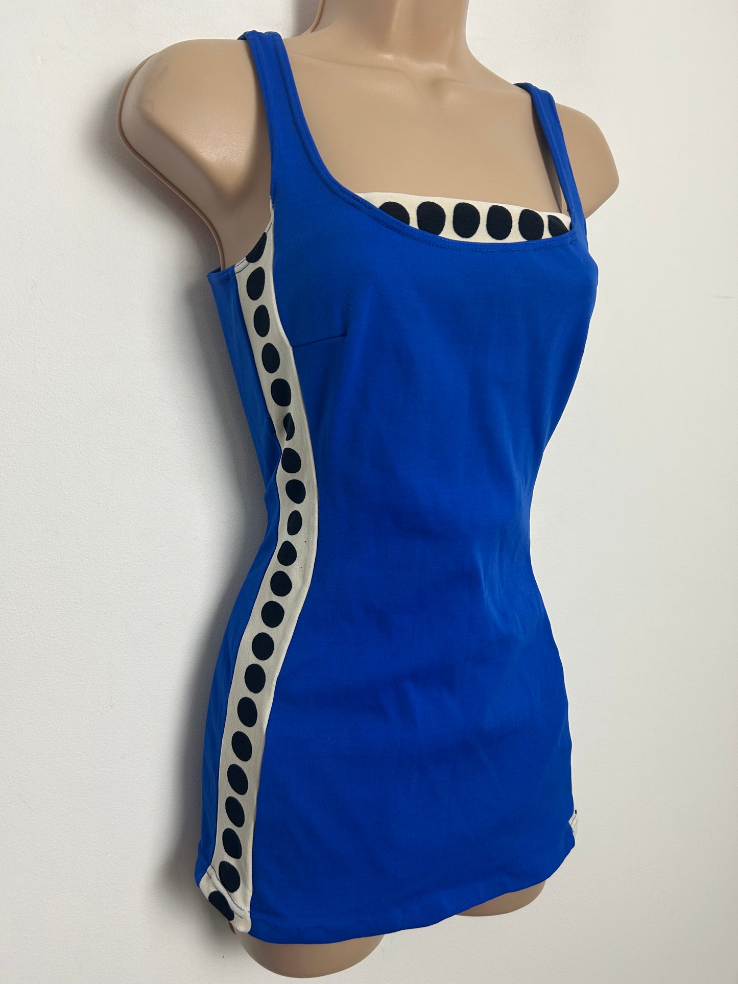 Vintage 1960s Size 12 Electric Blue White & Black Spot Print Skirted Swimsuit