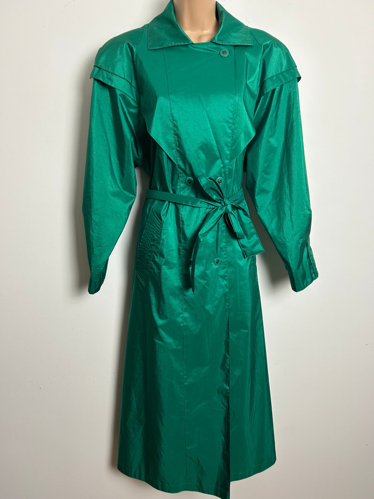 Vintage 1980s BRITISH MIST Size 12-14 Emerald Green Belted Trench Coat