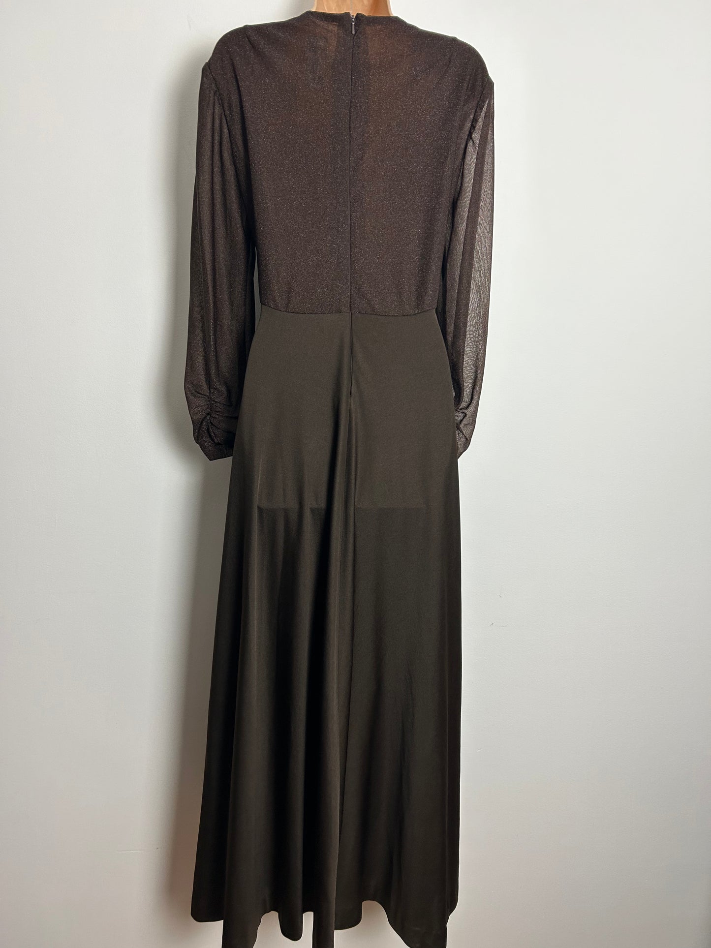 Vintage 1970s DOBETT UK Size 12-14 Brown Lurex Bodice Long Sleeve Occasion Evening Maxi Dress