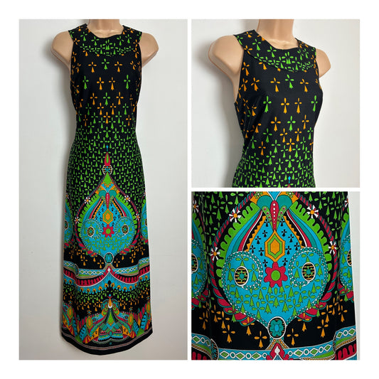 Vintage 1970s Size 8-10 Black Orange Green & Turquoise Abstract Print Maxi Dress