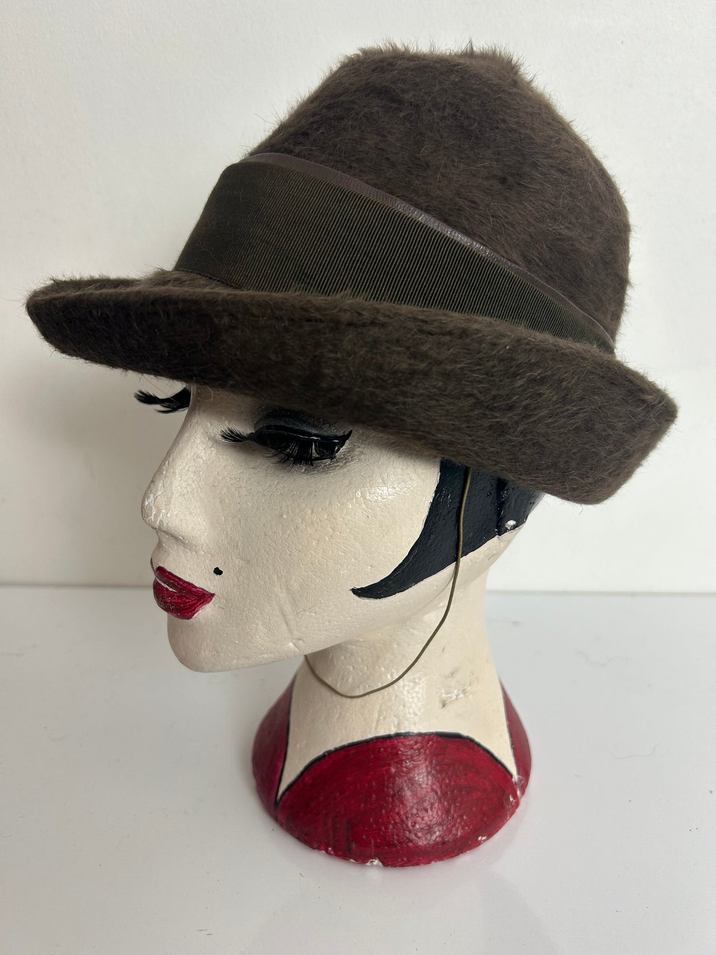 Vintage 1970s Dark Olive Green Angora Mix Austrian Peaked Hat