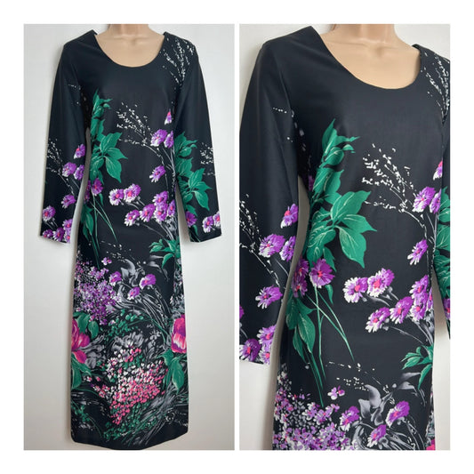 Vintage 1970s Size 12 Black Purple Pink & Green Floral Print Long Sleeve Maxi Dress