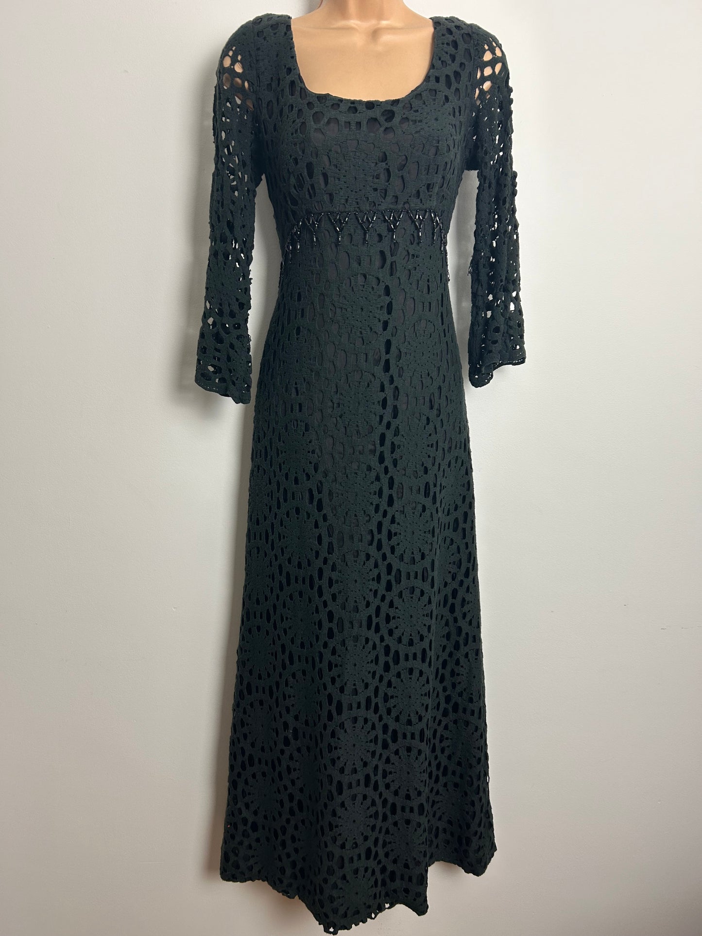 Vintage 1970s CLIFTON Size 10-12 Black Mid Weight Cut Out Lace Fabric Column Occasion Maxi Dress