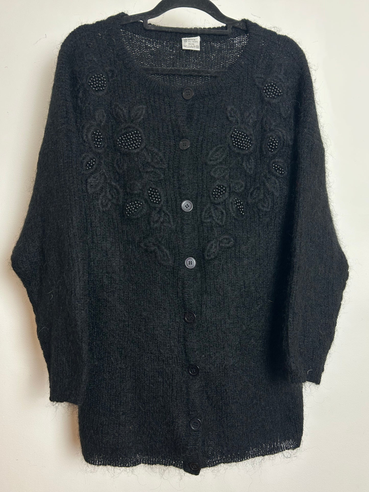 Vintage 1980s Up To Size 16 Black Mohair Mix Bead Embellished Cardigan