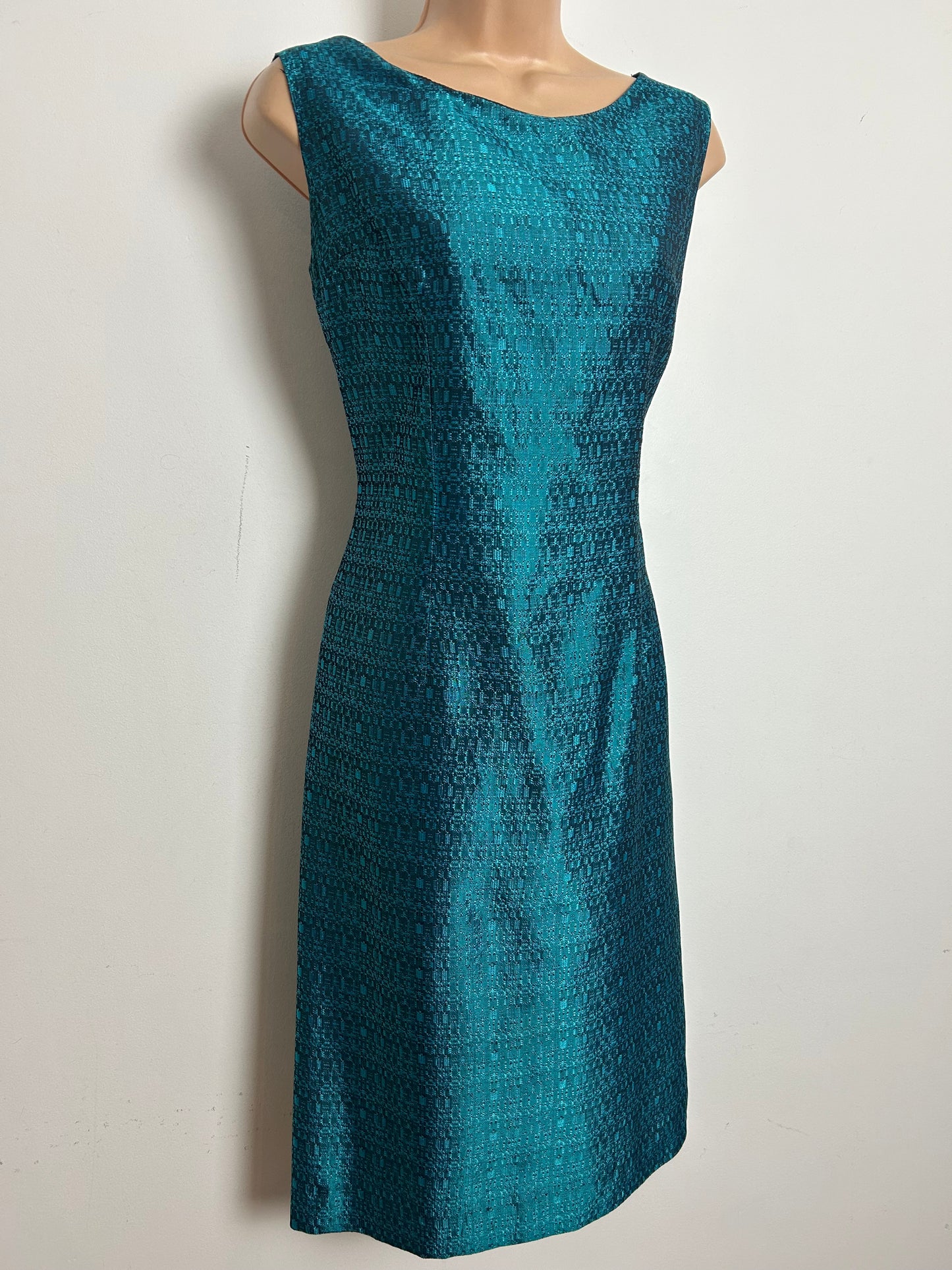Vintage 1960s Size 12 Metallic Teal Jacquard Fitted Wiggle Party Dress Size 12
