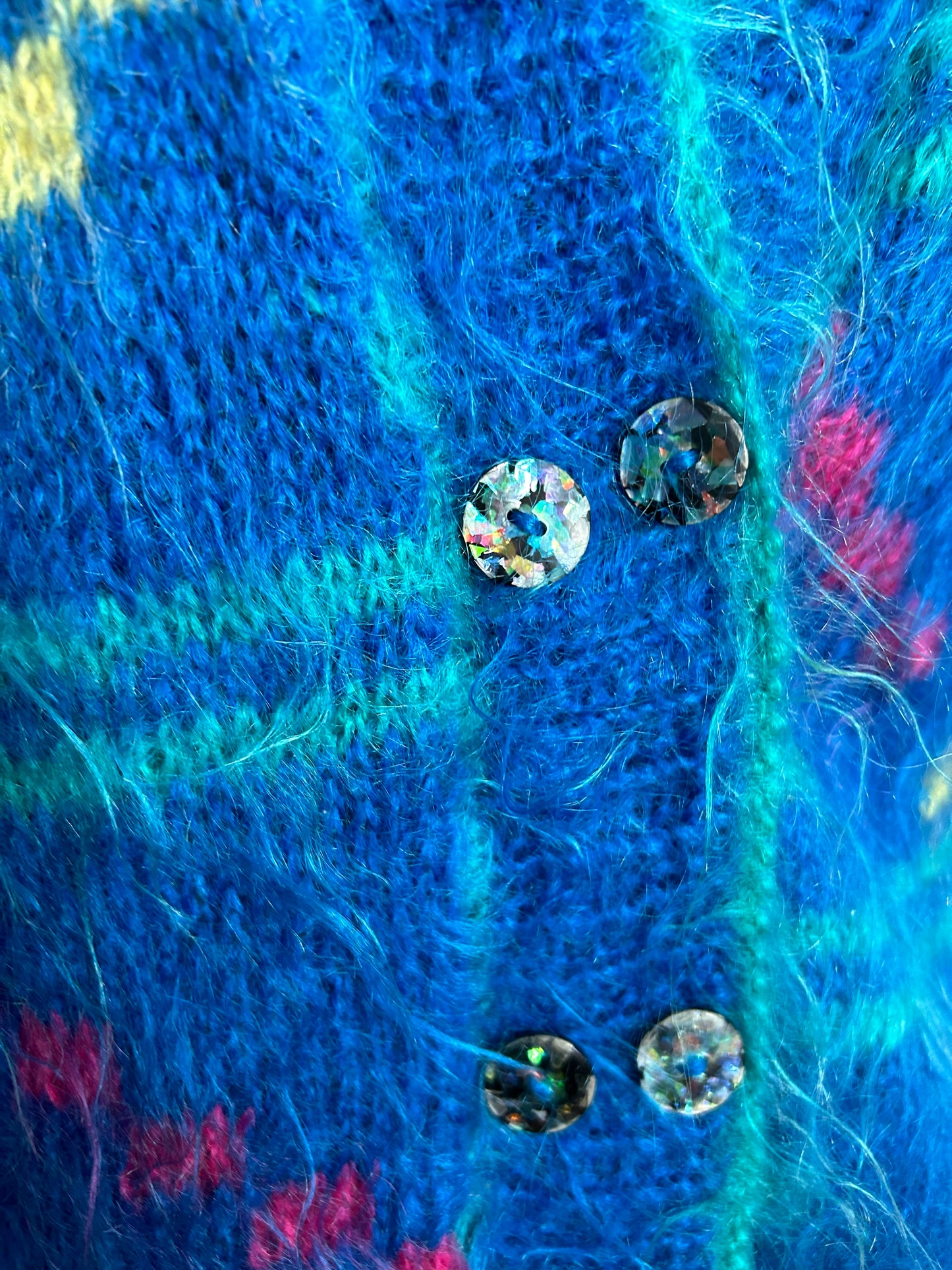 Vintage 1980s One Size Up To 14/16 Peacock Blue Pink & Green Abstract Pattern Mohair Mix Cardigan