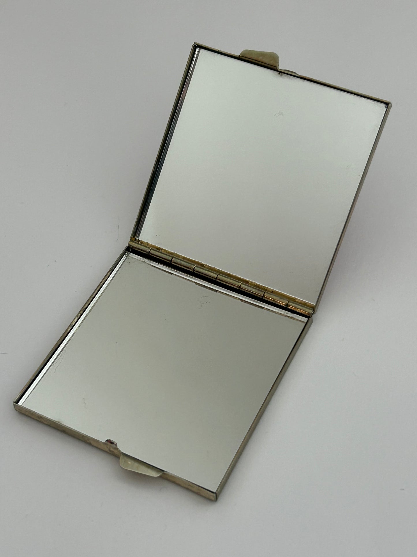 Vintage Silver Tone Base Metal Pink Deco Pattern Square Compact Mirror