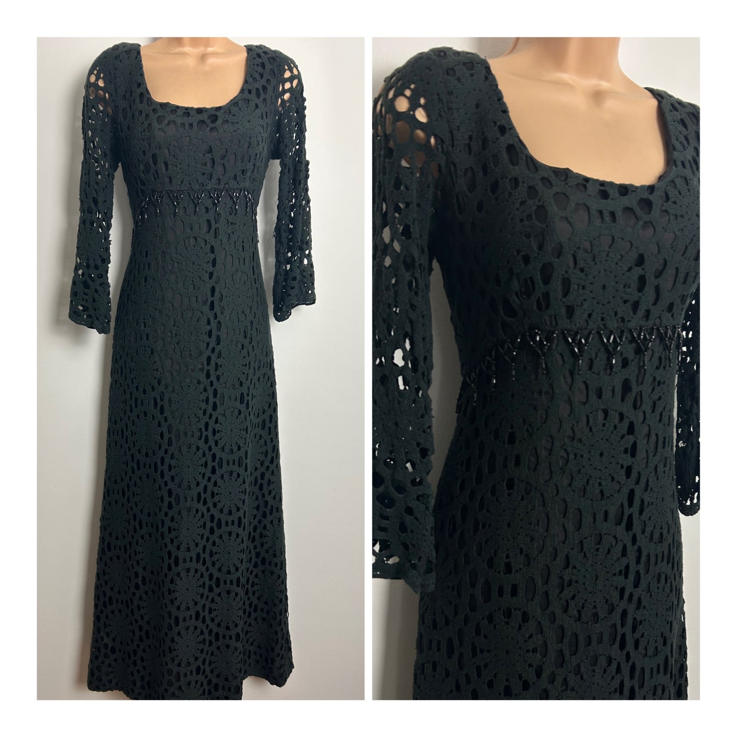 Vintage 1970s CLIFTON Size 10-12 Black Mid Weight Cut Out Lace Fabric Column Occasion Maxi Dress