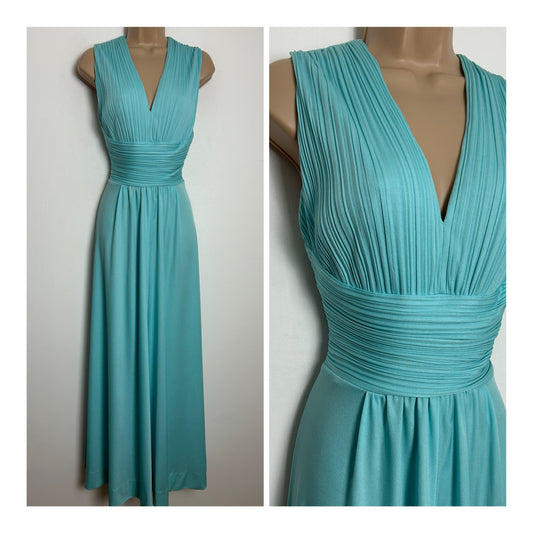 Vintage 1960s CARNEGIE OF LONDON Size 12 Ice Blue Pleated Bodice Sleeveless Occasion Maxi Dress