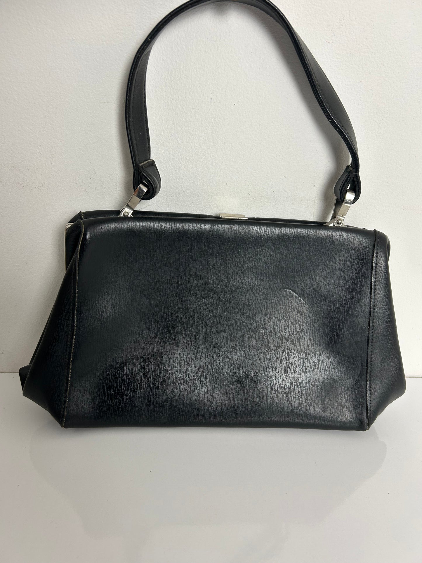 Vintage 1950s Small Black Faux Leather Silver Tone Kelly Style Handbag