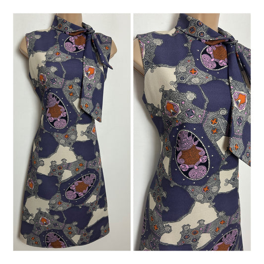 Vintage 1960s DEVONSHIRE LADY Size 10 Purple Mauve Pink & Orange Abstract Print Scarf Neck Mod Shift Dress