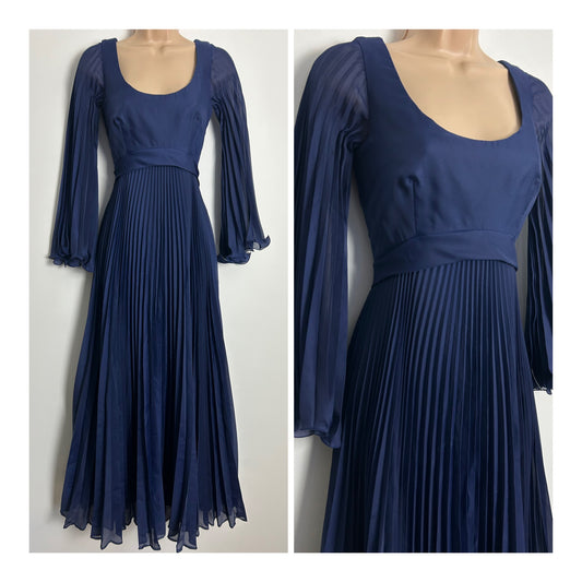 Vintage 1970s UK Size 6 Navy Blue Pleated Long Sleeve Empire Line Occasion Maxi Dress