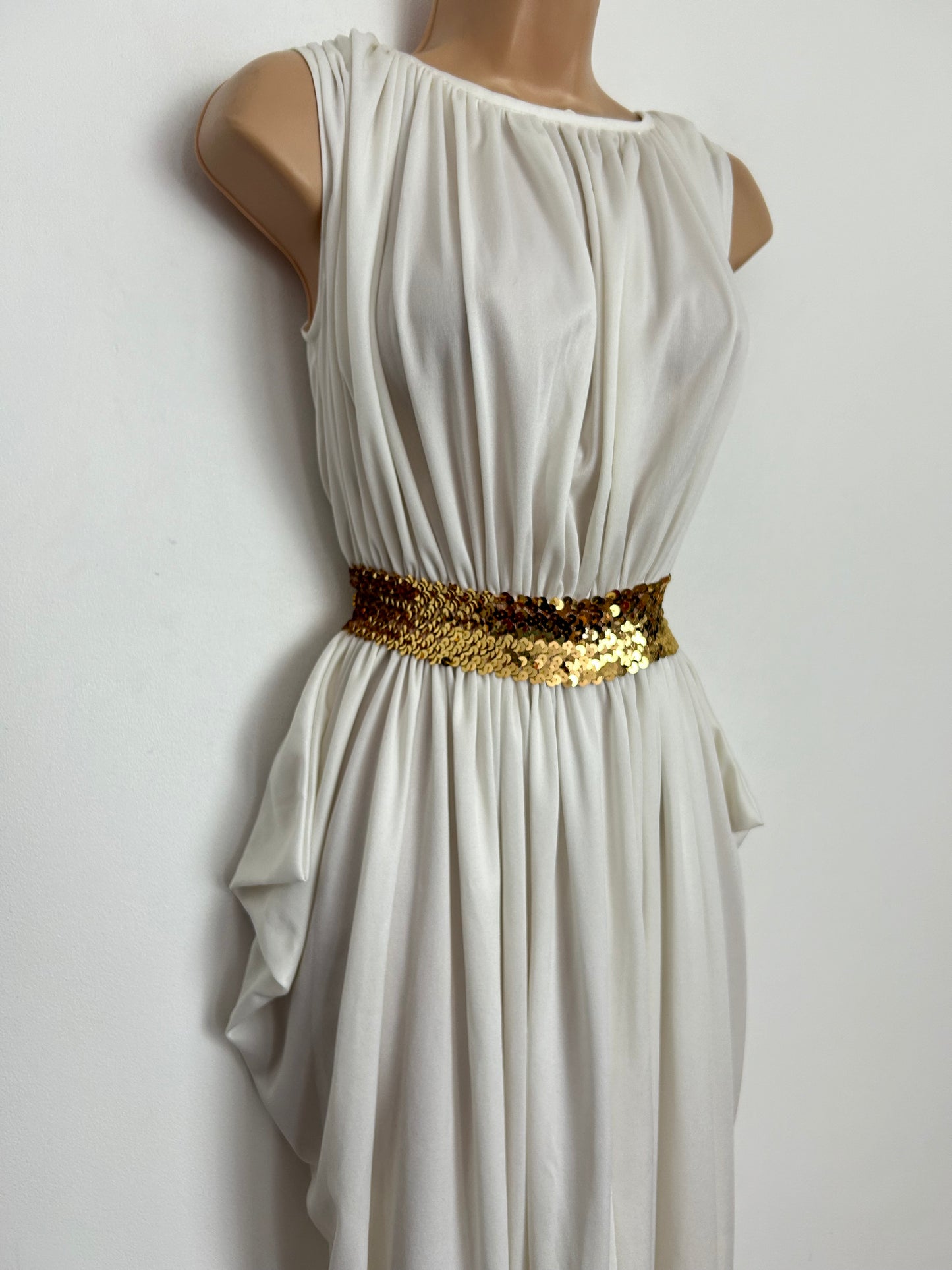 Vintage Late 1970 TRINA LEWIS & MARJON COUTURE UK Size 8-10 White Sleeveless Gold Sequin Detail Draped Grecian Style Occasion Maxi Dress