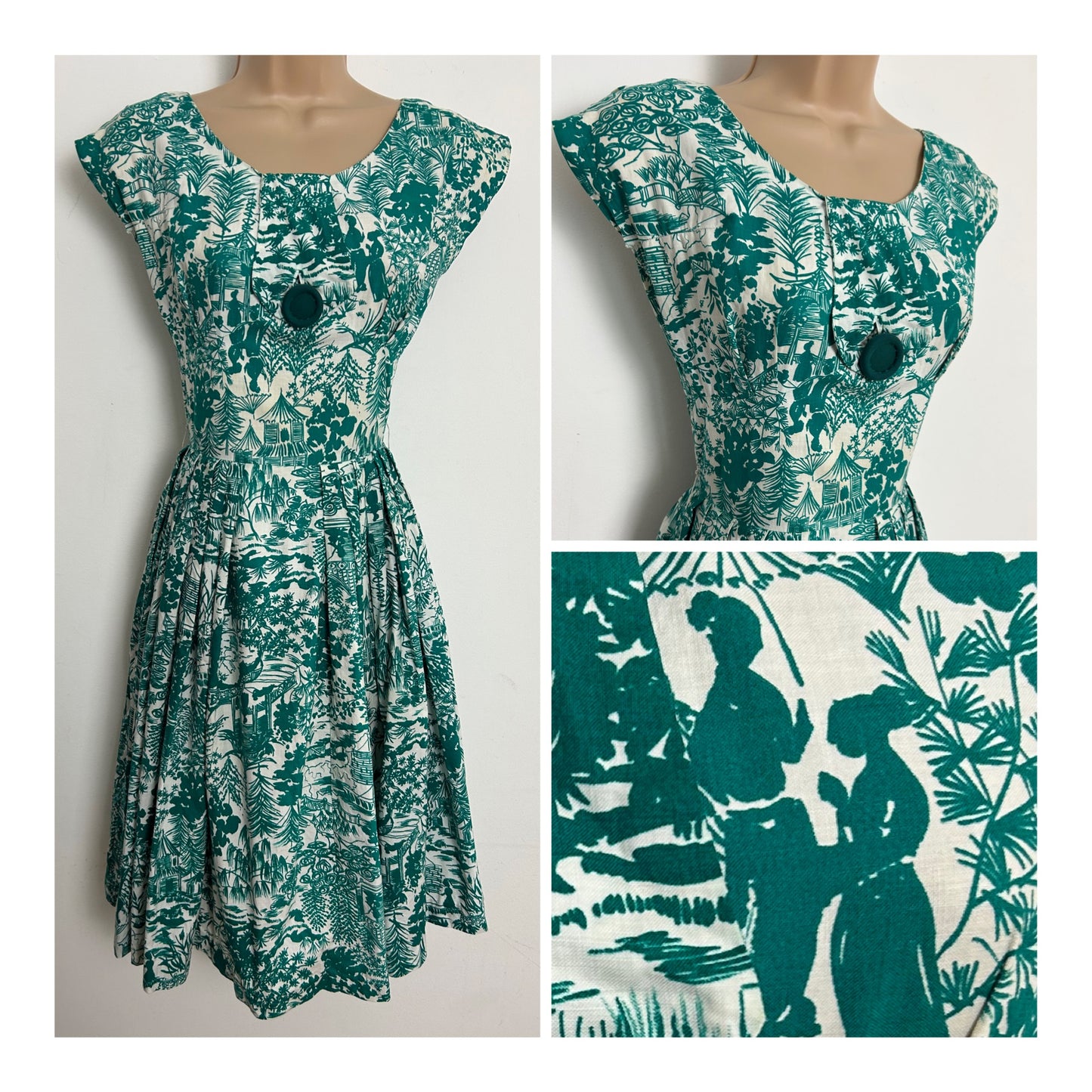 Vintage 1950s Size 6 Teal & White Japanese Theme Novelty Print Cotton Day Dress
