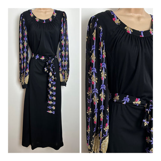 Vintage 1970s Size 14 Black Beige Lilac & Pink Floral & Bow Print Long Sleeve Belted Maxi Dress