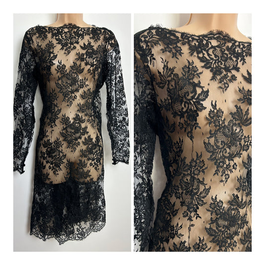 Vintage 1970s Size 12-14 Semi Sheer Black Lace Long Sleeve Beach Cover Up or Dress