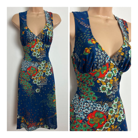 Vintage OMLOR Size 8 Dark Blue Green & Orange Floral Print Sleeveless Day Dress