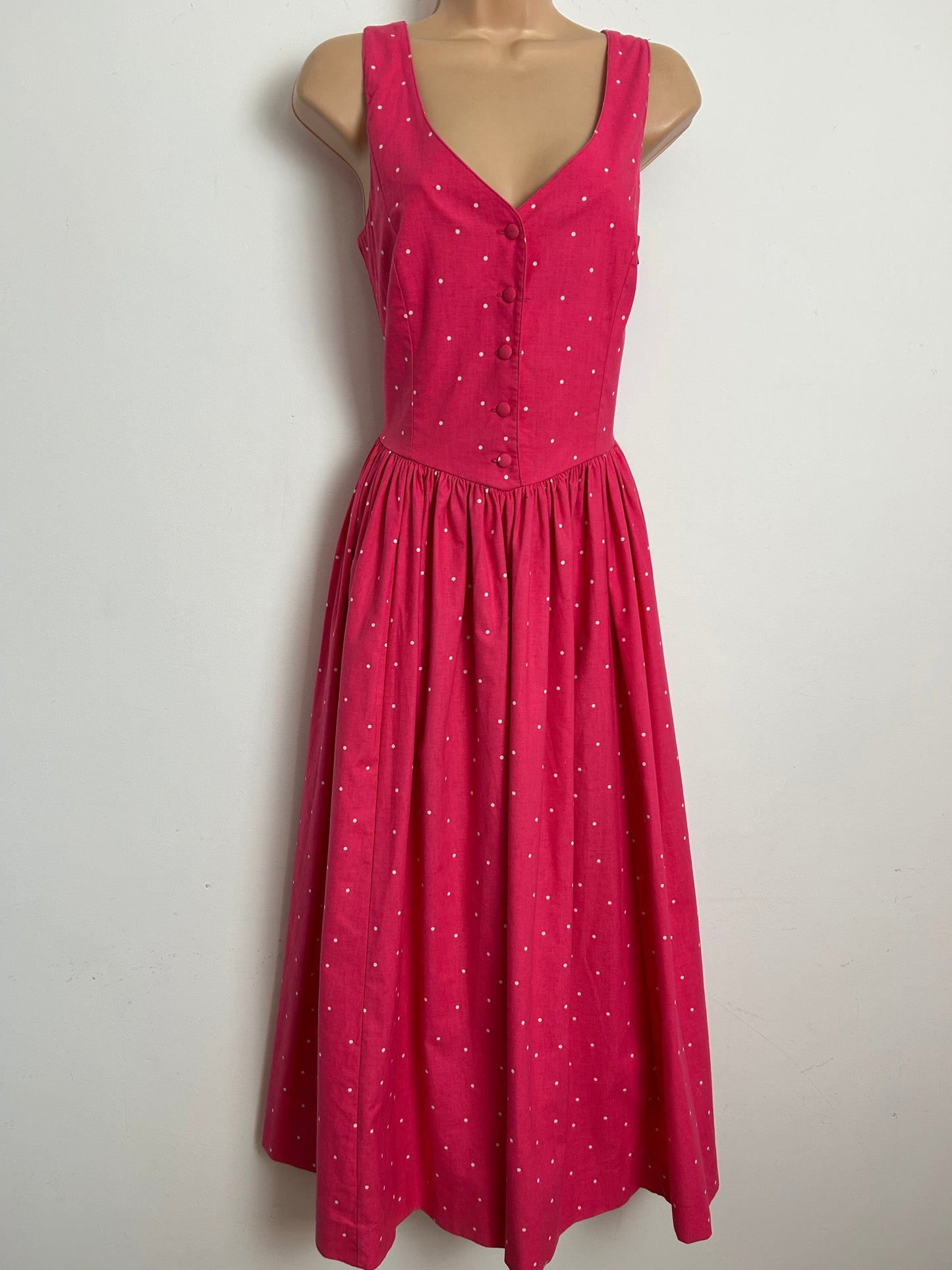 Vintage 1980s LAURA ASHLEY Size 8 (12 On Label) Hot Pink & White Polka Dot Print Cotton Midi Dress