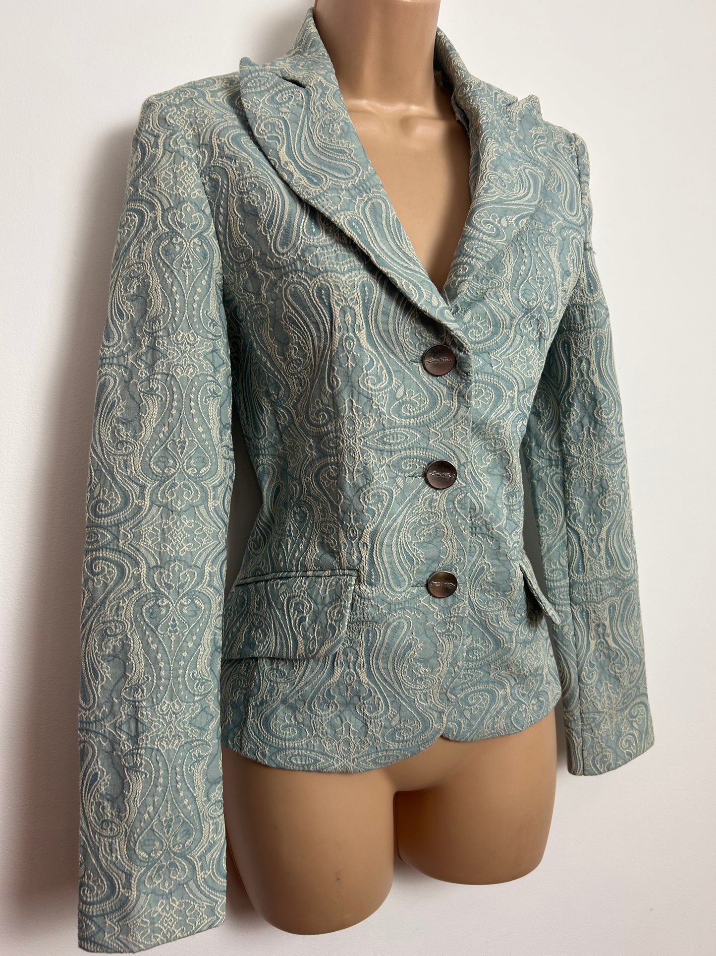 Vintage Y2K LISA TOSSA Size 10 Duck Egg Blue & Cream Embossed Pattern Jacket