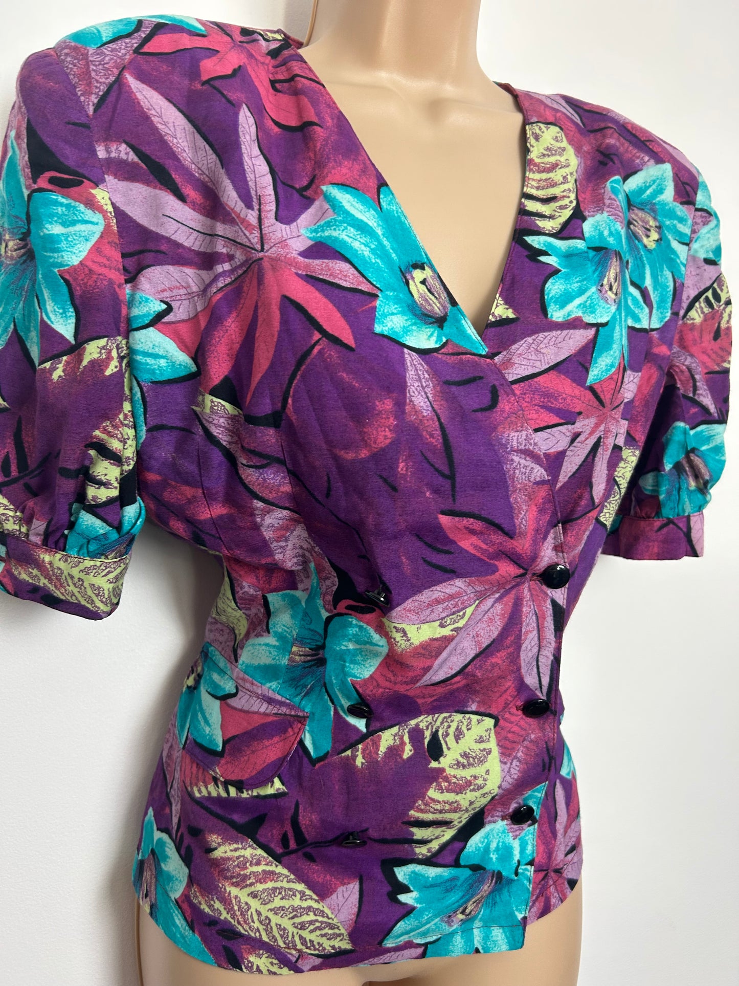 Vintage 1980s Italian Size 12 Purple & Turquoise Floral Print Short Sleeve Peplum Blouse/ Top