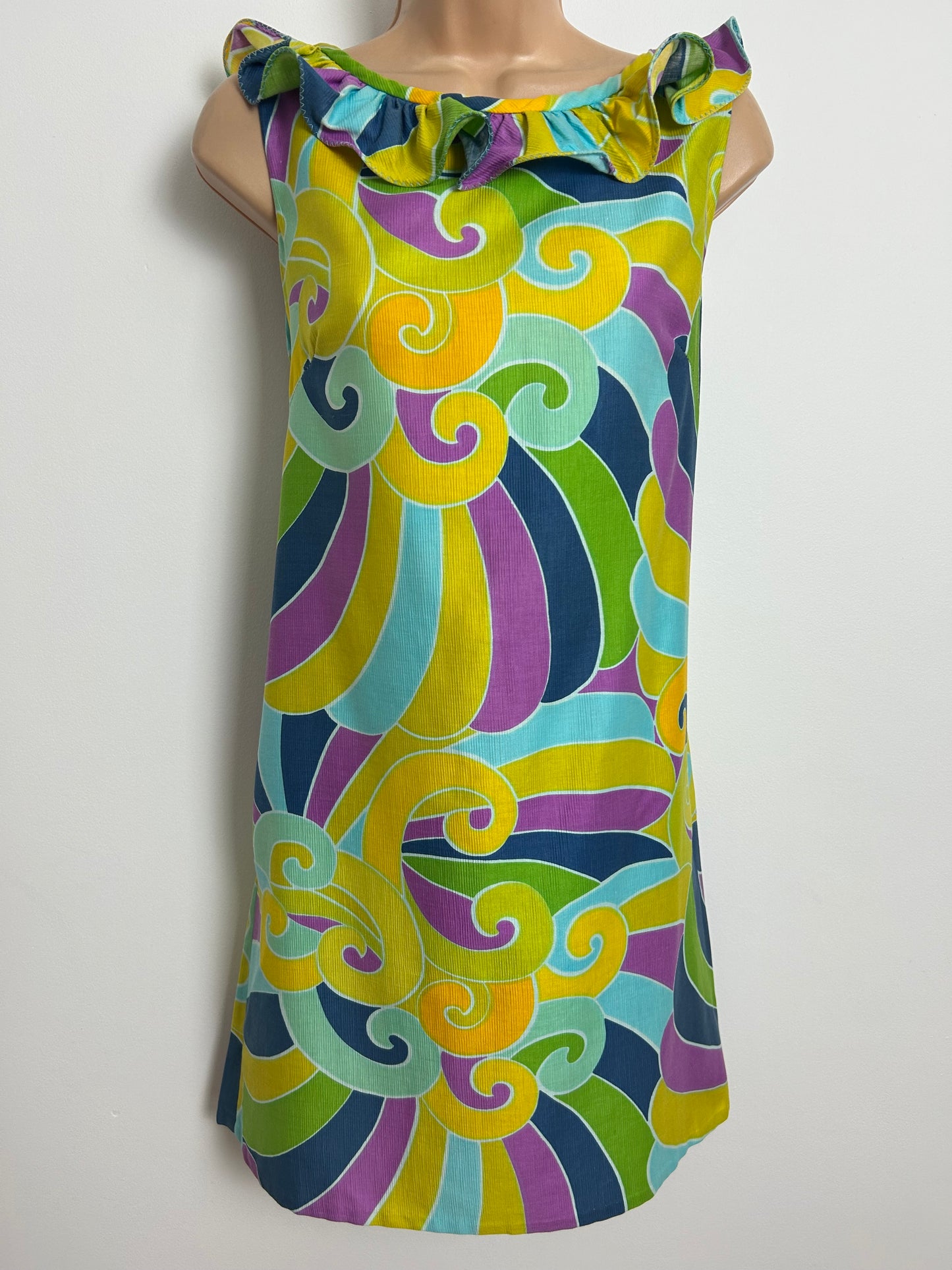 Vintage 1960s Size 10-12 Yellow Blue Purple & Green Swirl Print Ruffle Trim Shift Dress