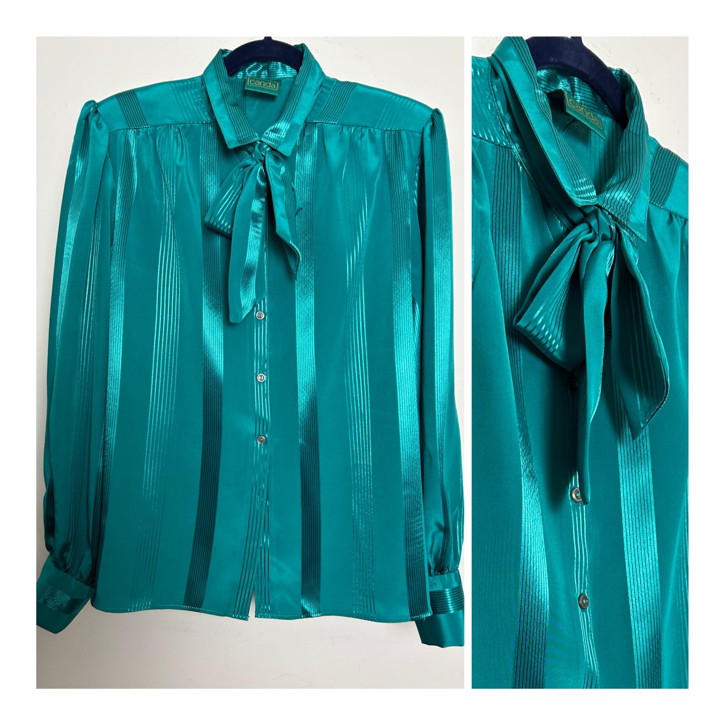 Vintage 1980s CANDA Size 16 Jade Green Pussy Bow Secretary Blouse